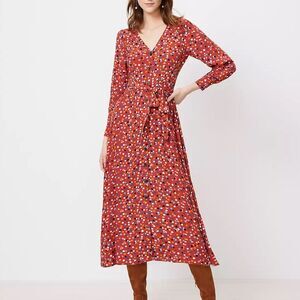 LOFT Orange Multi Colored Polka Dot Print Long Sleeve Belted Midi Sundress